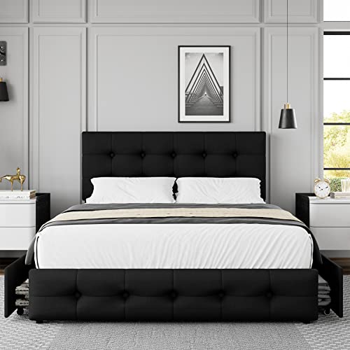 Queen Bed Frame with 4 Storage Drawers and Adjustable Headboard, Upholstered Platform Bed with Button Tufted Design, Strong Wooden Slats Support