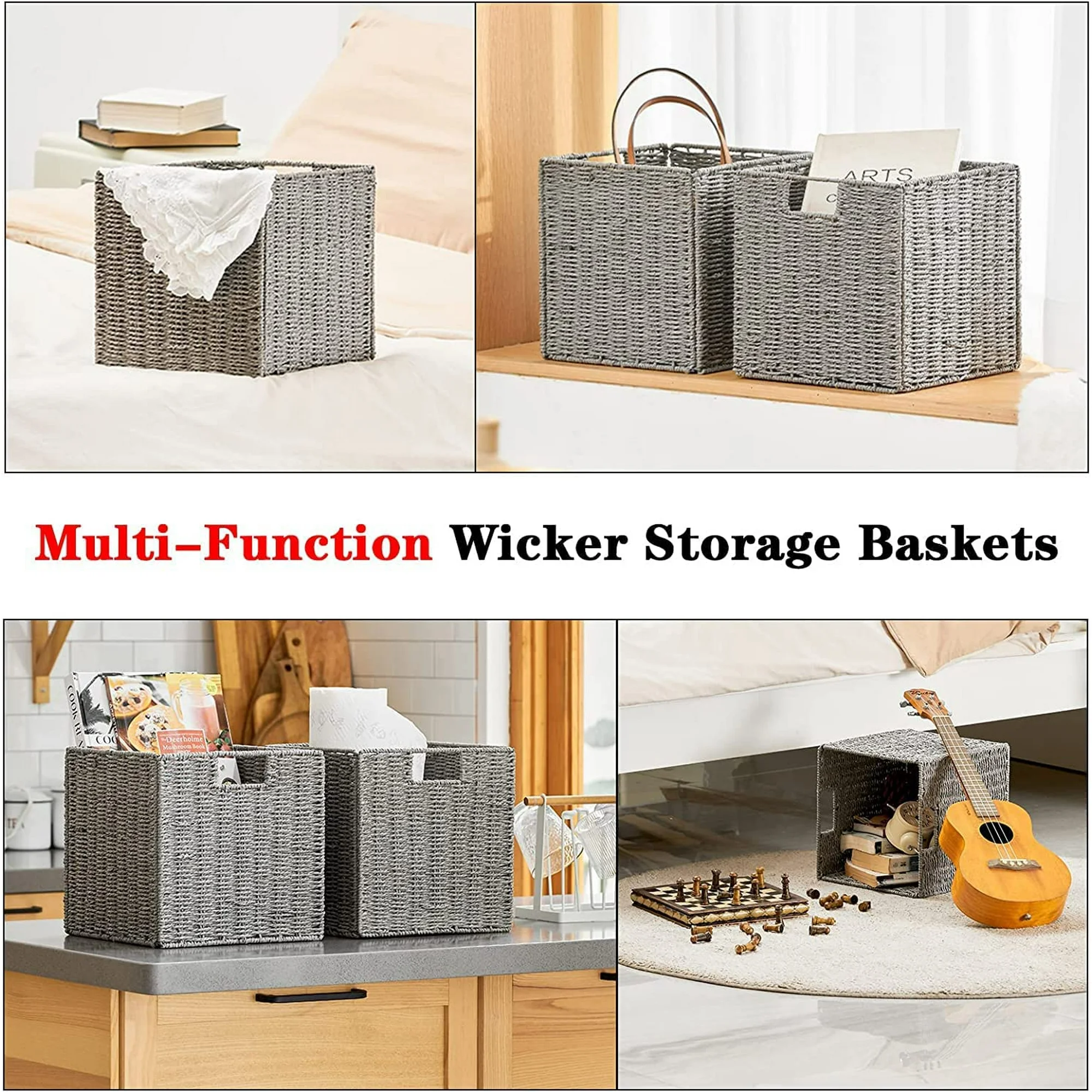Wicker Basket, Set of 2 Hand-Woven Wicker Storage Basket, Foldable 11 inch Cube Storage Bins, Storage Baskets for Organizing Shelves