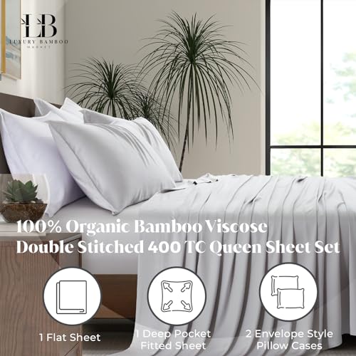 Luxury Bamboo Market | Queen Size Bed Sheet Set | 100% Viscose Made from Bamboo | Organically Grown | Ultra Soft | Cooling Sheets for Hot Sleepers |