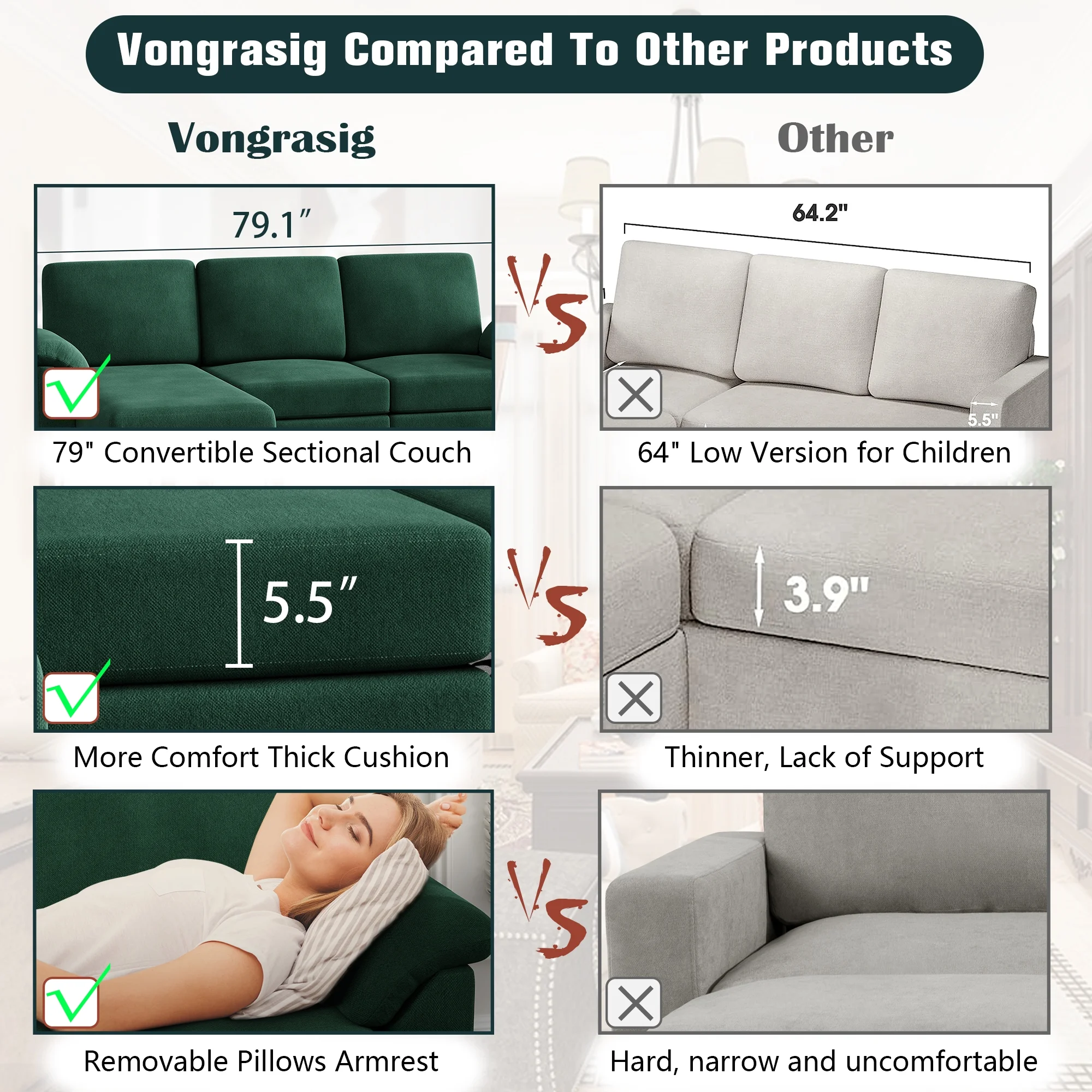 Walsunny 79 Convertible Sectional Sofa Couch,Linen Fabric L Shaped Sofa with Removable Pillows Dark Gray