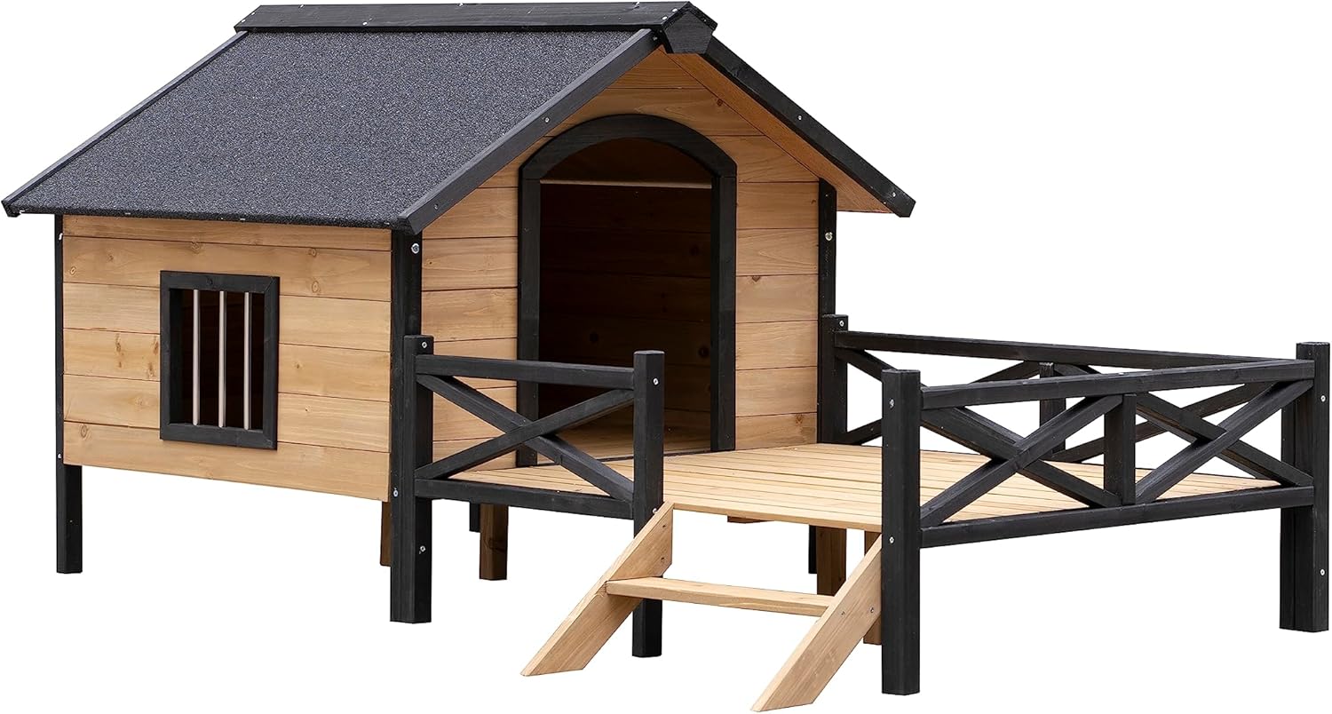 Rustic Wooden Dog Kennel with Porch: Outdoor Cabin Style - Easy Assembly, Kiln-Dried Fir Wood, Waterproof Paint - Quality Construction