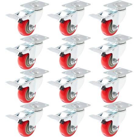 Pack of 12 Caster Wheels Swivel Plate on Red Polyurethane Wheels 3 inch