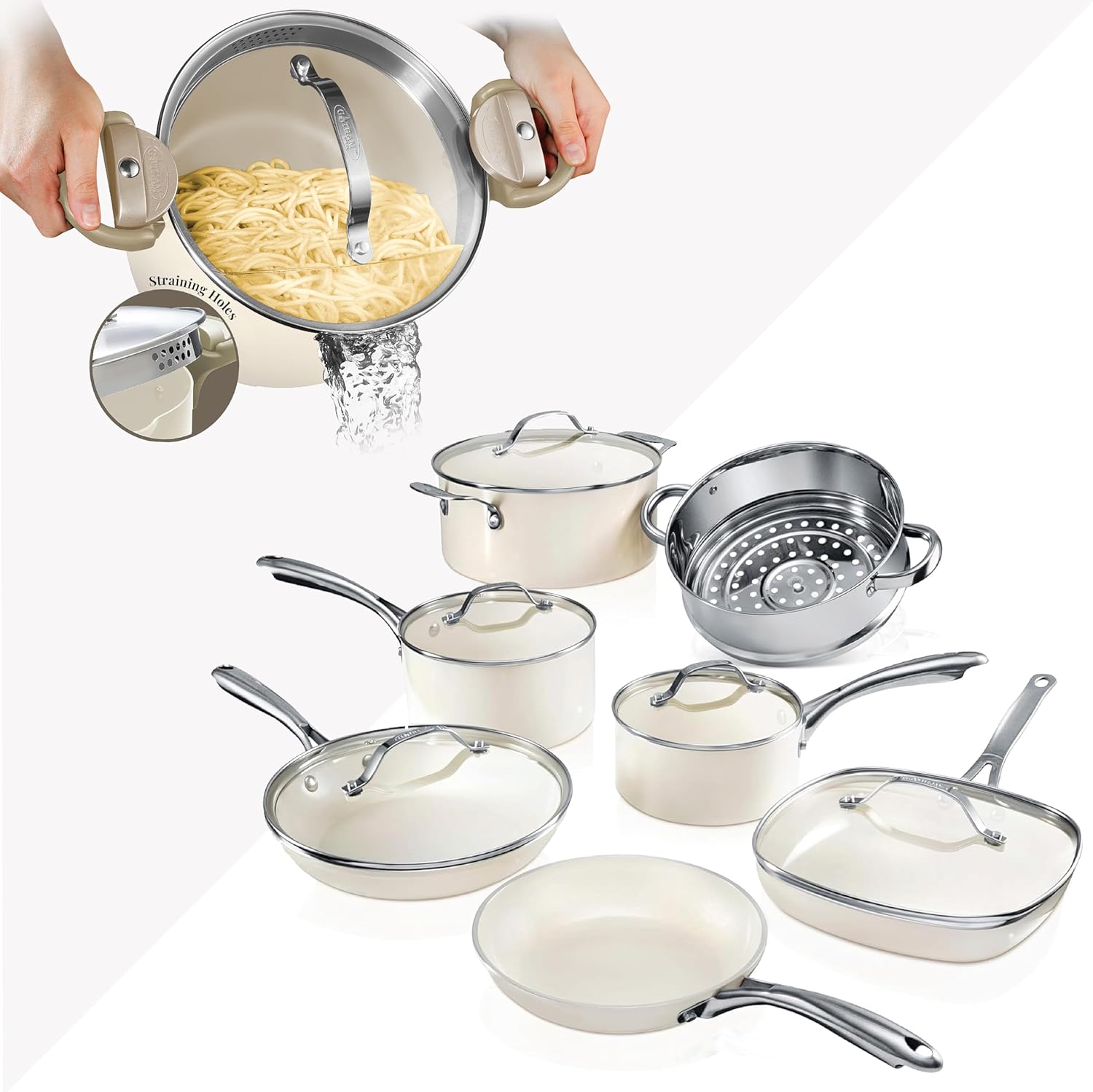 Gotham Steel 12 Pc Ceramic Pots and Pans Set Non Stick with Multipurpose Stock Pot Pasta Pot, Kitchen Cookware Sets, Non Stick Pots and Pan Set