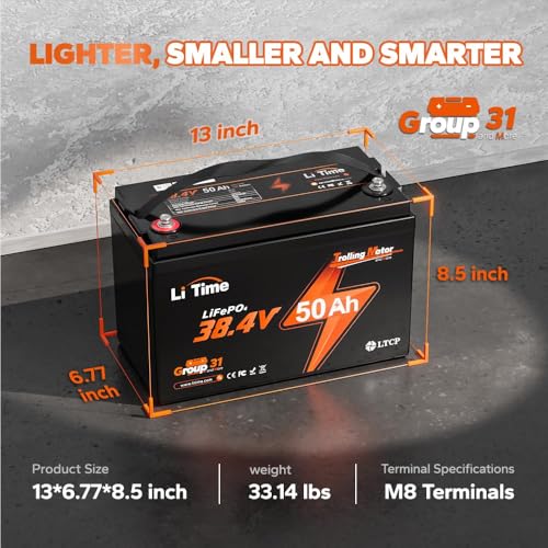 LiTime 36V 50Ah Trolling Motor Bluetooth 5.0 Low-Temp Protection LiFePO4 Battery with 43.8V 25A Charger, Buit in 50A BMS