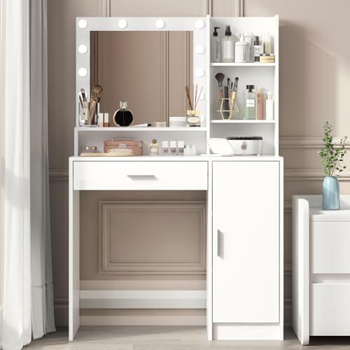 Vanity Desk with Mirror and Light, Large Drawer and Three Level Storage Dresser, 3 Lighting Modes Adjustable Brightness