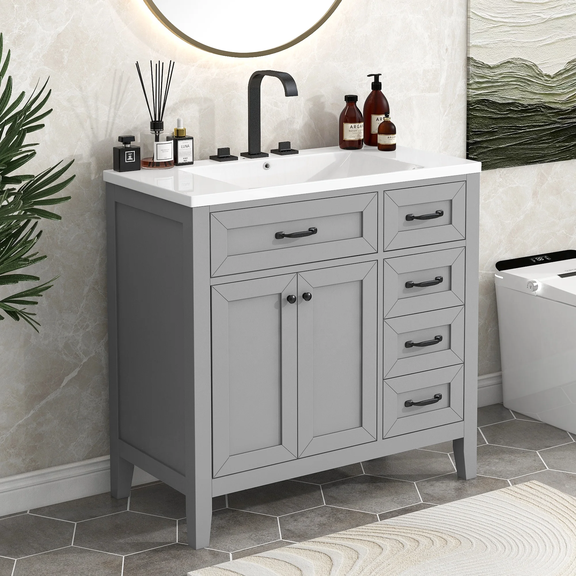 EUROCO 36" Bathroom Vanity with Sink Combo,Modern Freestanding Bathroom Storage Cabinet with 3 Drawers and 2 Doors , Solid Wood Frame,Grey