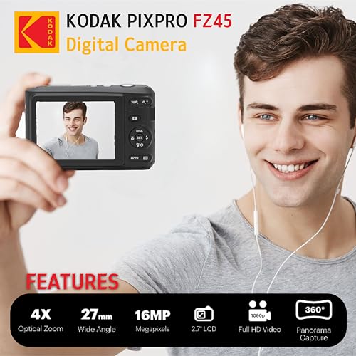 KODAK PIXPRO FZ45 16MP Digital Camera with 4X Optical Zoom 27mm Wide Angle and 2.7" LCD Screen Bundle with 32GB SD Memory Card, AA Batteries (4 Pack)