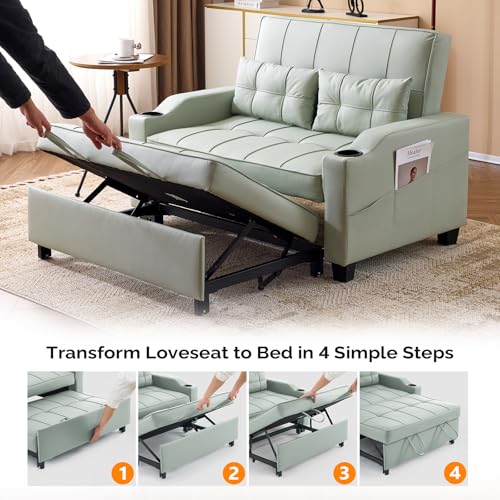 VINGLI Light Green Futon Sofa Bed Convertible Loveseat Sleeper Couch, Faux Leather Pullout Sofa Fold Out Couch Bed with USB Ports, Cup Holders