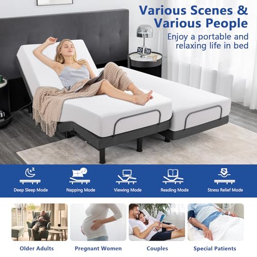 Split King Adjustable Bed Frame with Mattress, 12 Inch Grey Gel Memory Foam Medium-Firm Mattress in Box