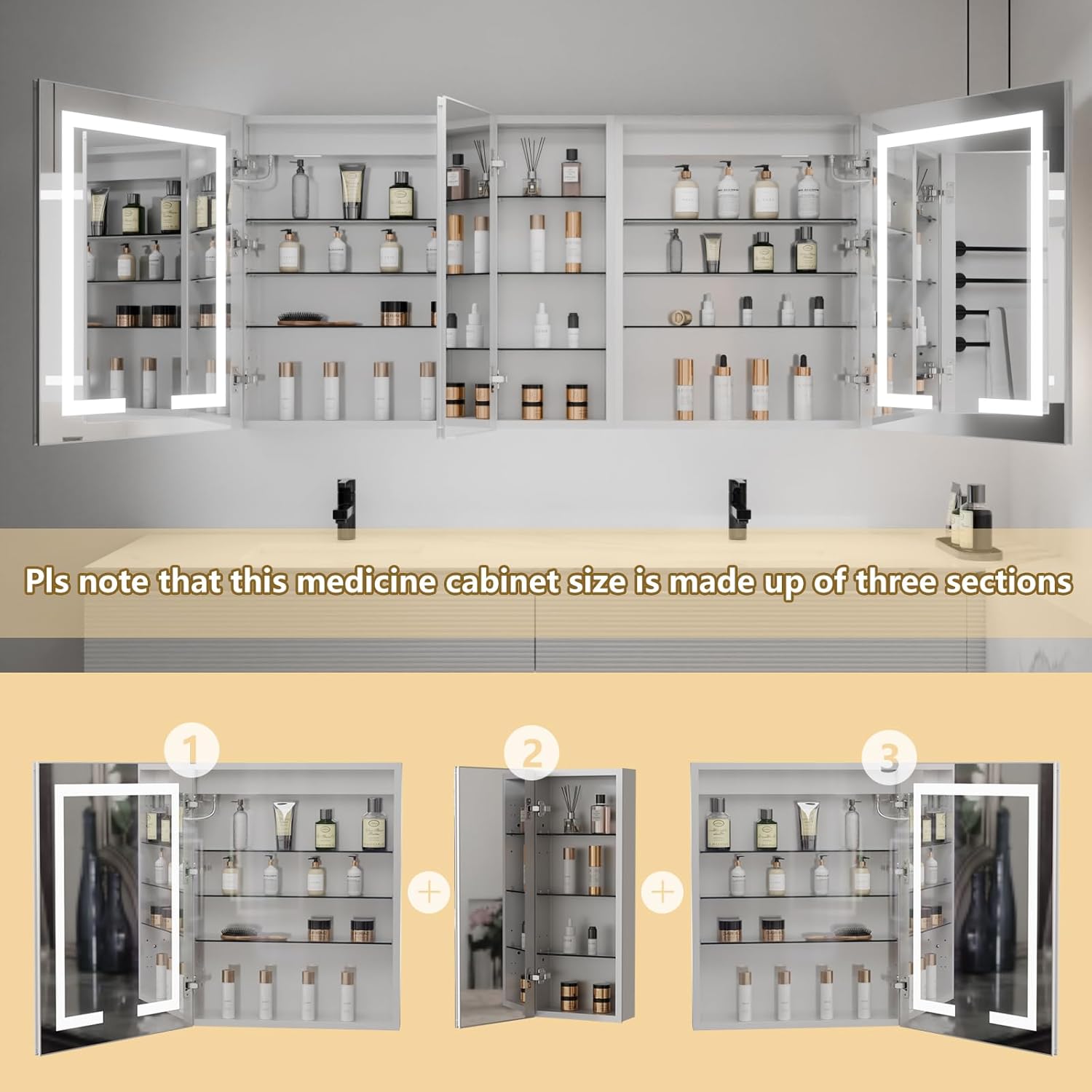 ExBrite LED Lighted Bathroom Medicine Cabinet with Mirror, 60 x 30 Inch, led Medicine Cabinet with Extra Closed Storage Cabinet,Defog
