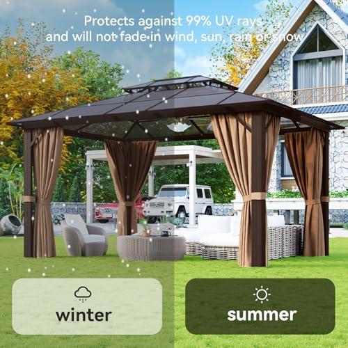Aoxun 12'x10' Hardtop Gazebo, Aluminum Frame Permanent Pavilion with Curtains and Netting, Outdoor Polycarbonate Double Roof Canopy