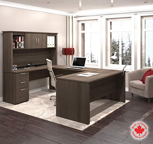 Bestar Logan 66W U or L-Shaped Executive Office Desk with Pedestal and Hutch in Bark Grey, Table Workstation for Personal Home Workspace