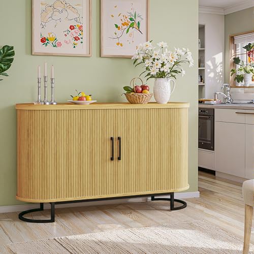 Sideboard Buffet Cabinet with Storage, 54.3" Fluted Tambour, Adjustable Shelves, Mid Century Modern Console for Living Room Kitchen Walnut