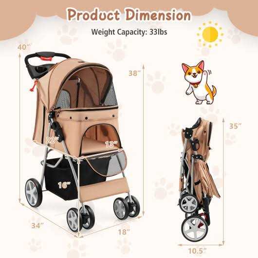 Costway Foldable 4-Wheel Pet Stroller with Storage Basket - Pet Supplies online store