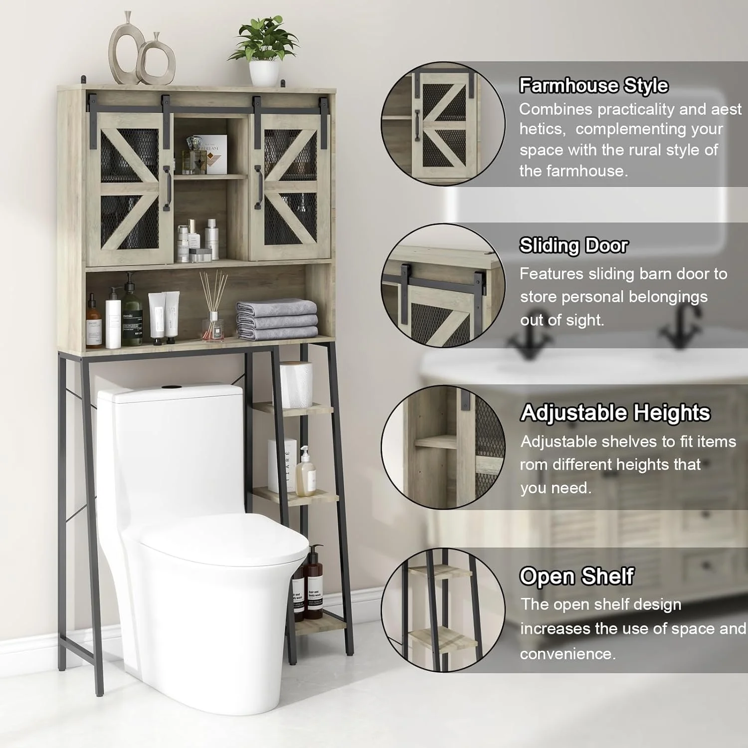 Over The Toilet Storage Cabinet, Farmhouse Storage Cabinet Over Toilet with Sliding Barn Door，Home Space-Saving Toilet Rack, for Bathroom, Restroom
