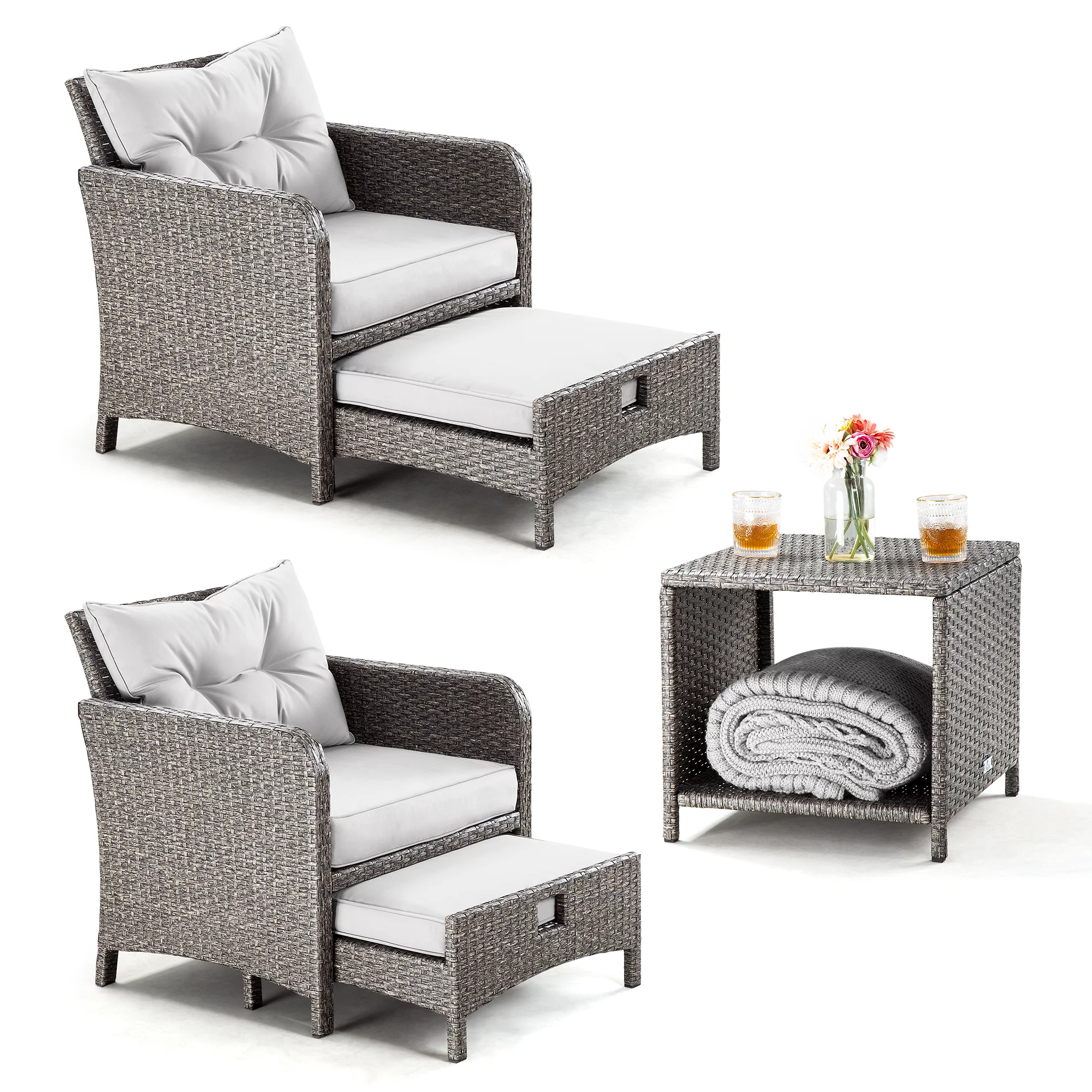 PAMAPIC 5 Pieces Wicker Patio Furniture Set Outdoor Patio Chairs with Ottomans (Gray)