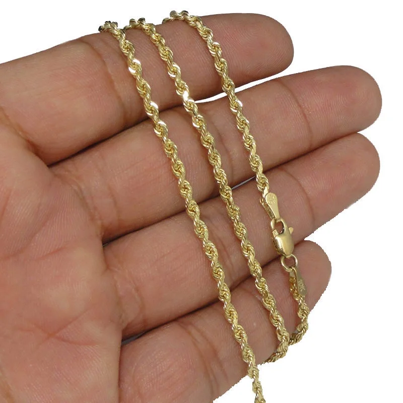 Real 10K Yellow Gold Jesus Cross Charm Pendant Diamond Cut & 2mm Rope Chain