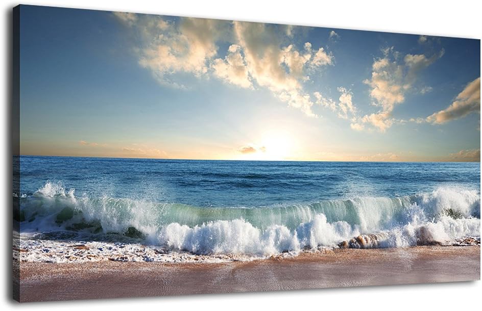Ocean Canvas Wall Art Beach Sunset Waves Coast Nature Pictures Modern Artwork Blue Ocean Contemporary Canvas Art Giclee Prints Summer Season Painting