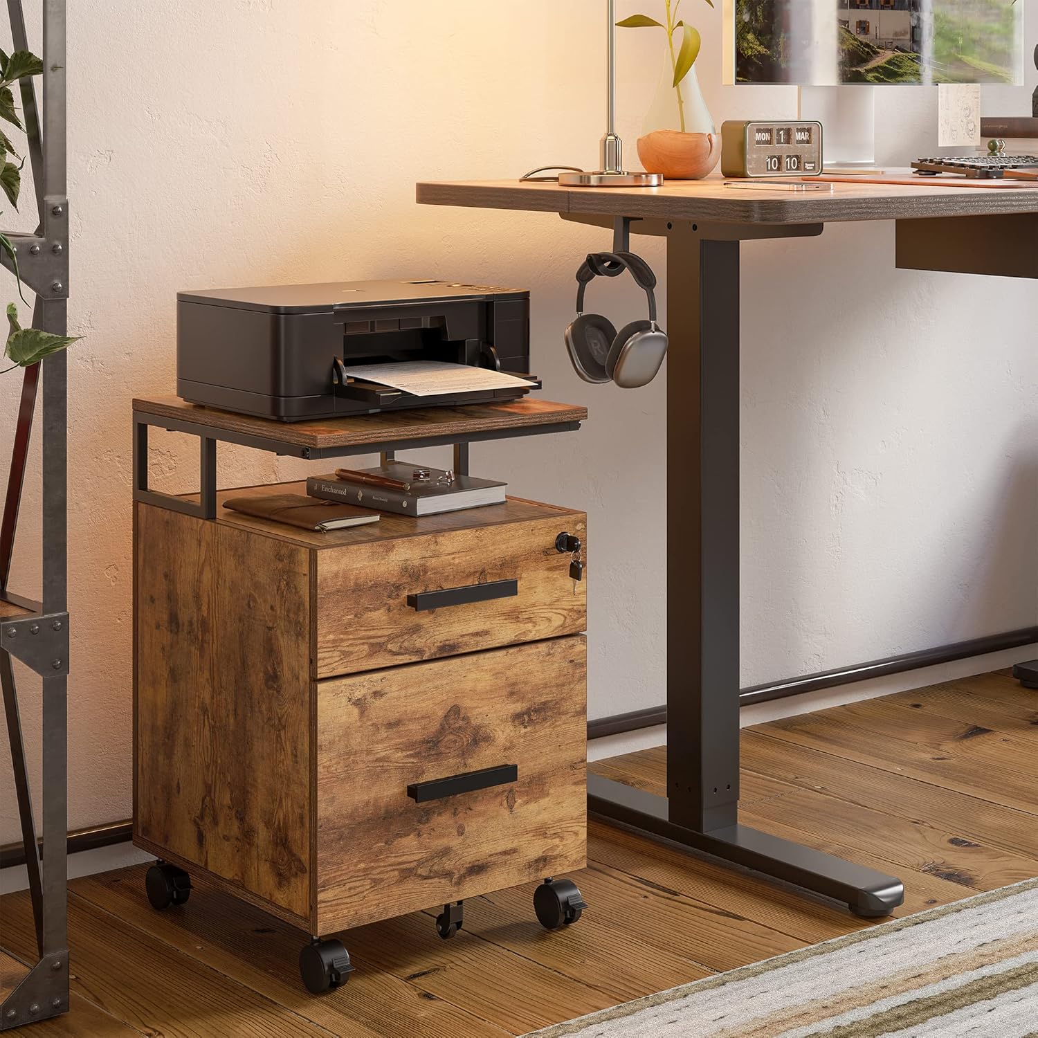 FEZIBO 55"x24" Height Adjustable Electric Standing Desk with Double Drawer 2-Drawer File Cabinet with Lock for Home Office, Rolling Filing Cabinet
