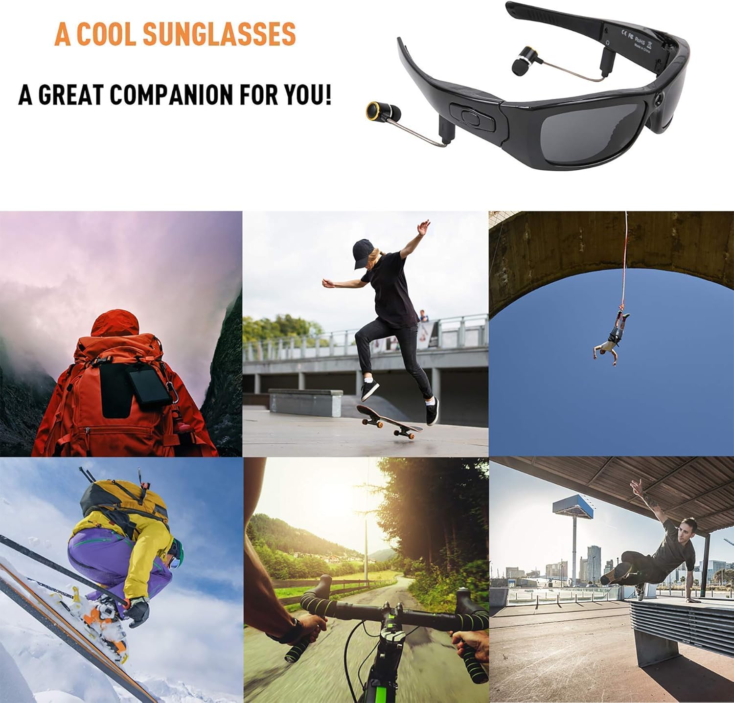 Bluetooth Sunglasses Camera Full HD 1080P Video Sunglasses Sports Action Camera with Polarized UV Protection Safety Lenses