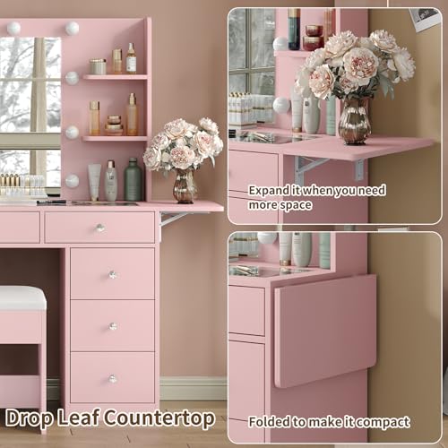 Vanity Desk & Power Outlet, Makeup Vanity with Mirror and 10 LED Lights, 3 Lighting Modes Brightness Adjustable