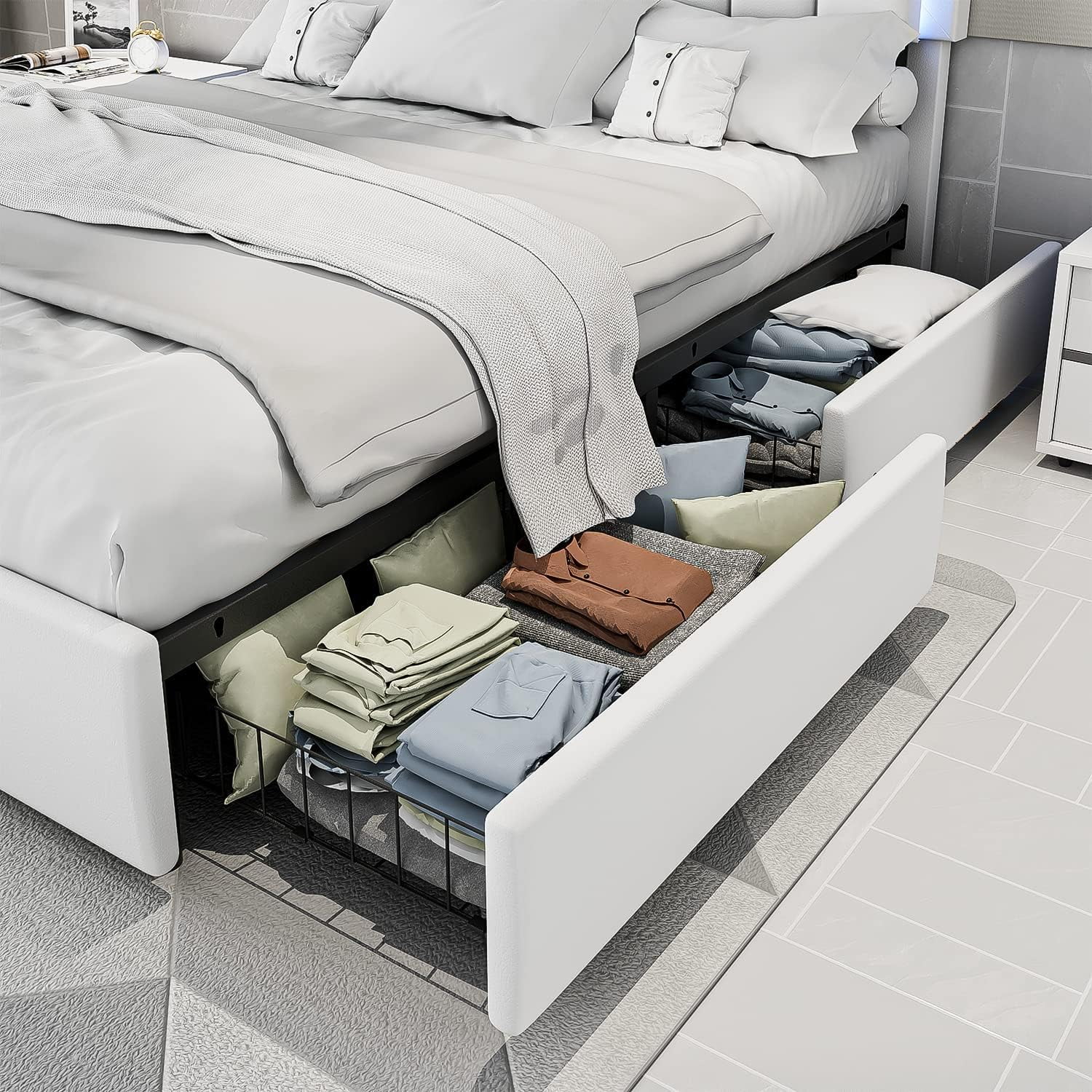Queen Size Bed Frame with Smart LED Lights Headboard & 4 Drawers, Upholstered Bed Frame Queen with Storage, Modern Faux Leather White Bed Frame