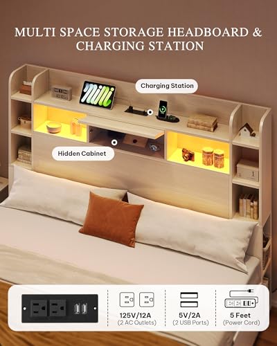 YITAHOME Queen Bed Frame with Bookcase Headboard and 4 Storage Drawers, RGB LED Bed Frame with Type-C & USB Charging Station Storage Headboard Bed