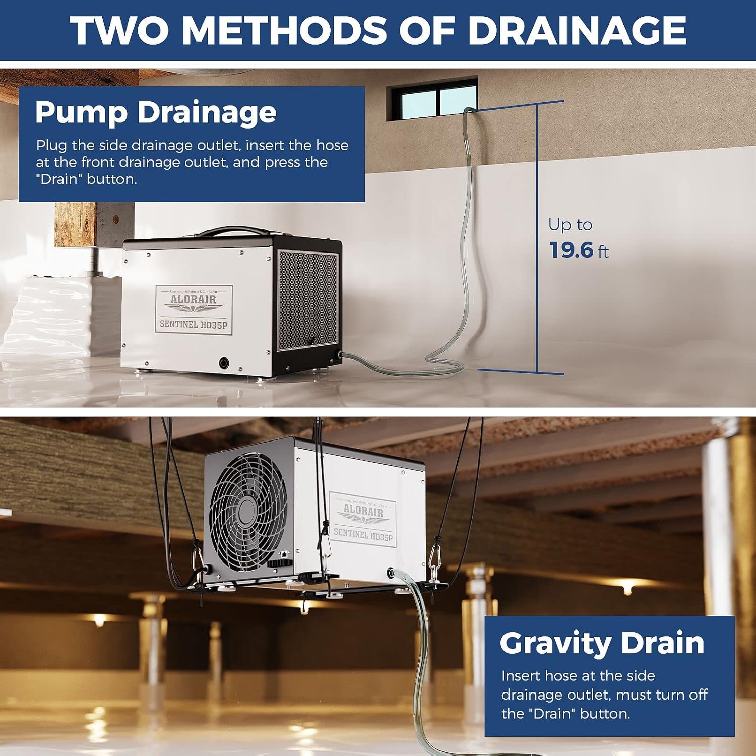 ALORAIR Crawl Space/Basement Dehumidifier 70 Pint Dehumidifier with Pump, Automatic Defrost, Up to 1000 Sq Ft Commercial Dehumidifier, Memory Start