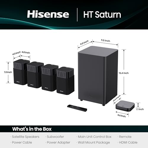 Hisense HT Saturn 4.1.2Ch Sound Bar with Wireless Subwoofer, Dolby Atmos, DTS:X, Bluetooth 5.3, EzPlay, 4K HDMI Pass Through, Roku TV Ready