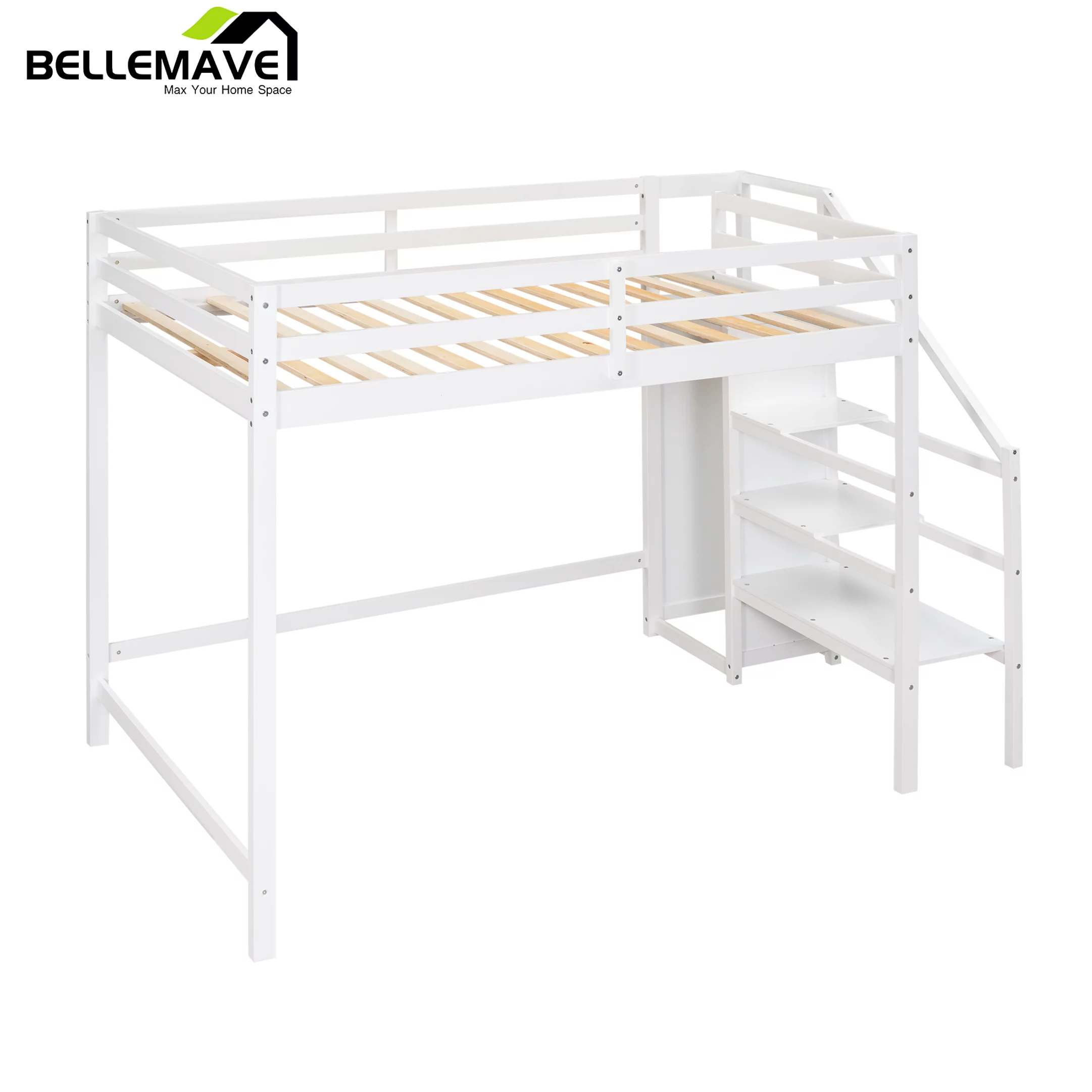 Bellemave Full Size Loft Bed with Storage Staircase Wooden Full Loft Bed Frame with Built-in Storage Wardrobe and Guardrails for Kids, Teens