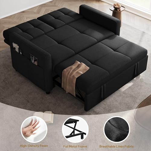 YITAHOME 55" Convertible Sofa Bed, 3-in-1 Sleeper Sofa with Iron Frame Pull-Out Bed, Linen Futon Couch with Reclining Backrest and Side Pocket
