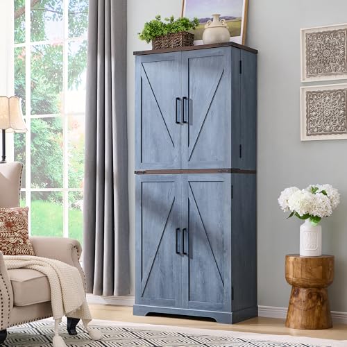 72" Tall Kitchen Pantry, Farmhouse Storage Cabinet with Barn Doors, Organizer, Drawer and Adjustable Shelves, Rustic Wood Cupboard for Kitchen