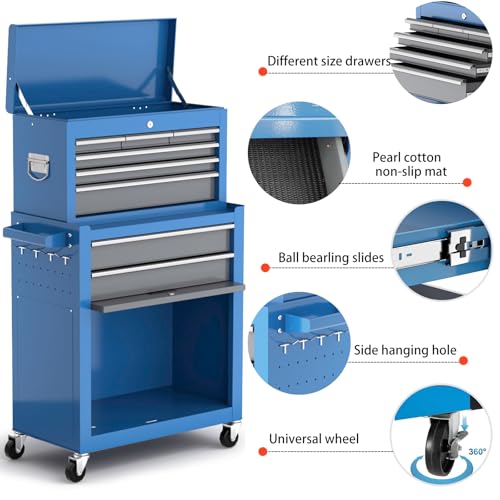 Tool Chest 8-Drawer | 42'' Large Rolling Tool Chest with Wheels | Detachable Top Metal Tool Box | Garage Storage Cabinet for Repair Room