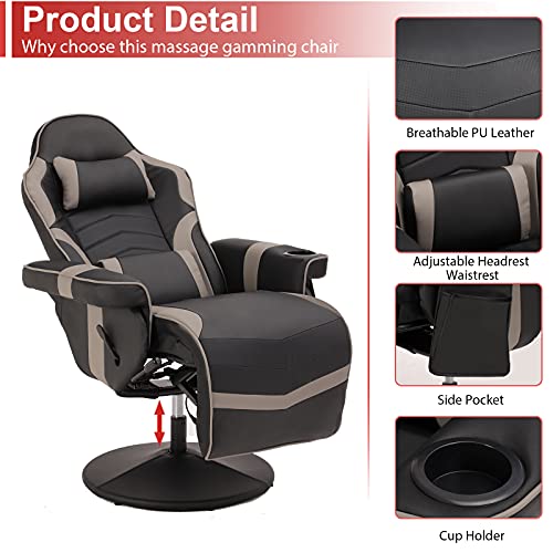 Massage Video Gaming Recliner Chair - Ergonomic Backrest & Seat Height Adjustment Swivel Recliner