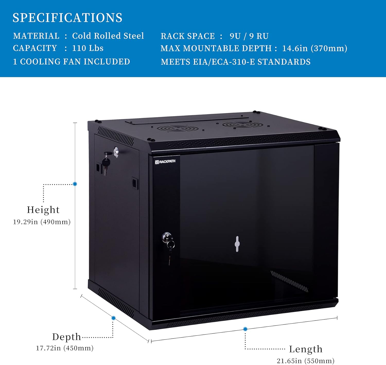 RackPath 9U Performance Wall Mount Server Cabinet Network Rack Enclosure, Quiet Cooling Fan, Locking Glass Door, Black