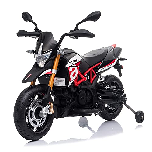 TOBBI 12V Aprilia Licensed Kids Ride-On Motorcycle Dirt Bikes for Kids with Training Wheels, Spring Suspension, Lights, Music Story USB MP3 (Red)