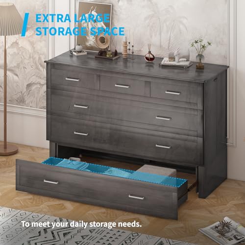 Mjkone Queen Size Cabinet Murphy Bed with Tri-Fold Mattress, Modern Multipurpose Wall Cabinet Chest Bed