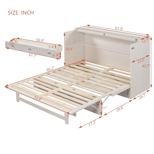 Harper & Bright Designs Full Size Murphy Bed Wall Bed, Solid Pine Murphy Bed Chest Cube Cabinet Bed with USB