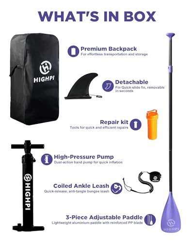 Highpi Inflatable Stand Up Paddle Board Premium SUP Accessories, Backpack, Wide Stance, Surf Control, Non-Slip Deck, Leash, Paddle and Pump