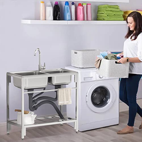 Outdoor Utility Sink Stainless Steel Double Bowl Sink Free Standing Commercial Restaurant Kitchen Sink with Hot and Cold Faucet for Laundry,Garage