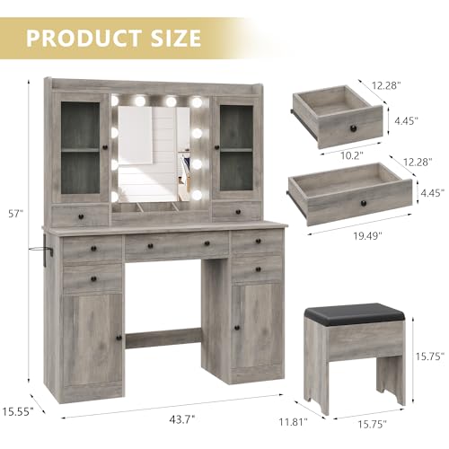 Makeup Vanity Desk with Mirror and Lights, White Vanity Table Set with Storage Drawers, Charging Station, Cabinets & Chair