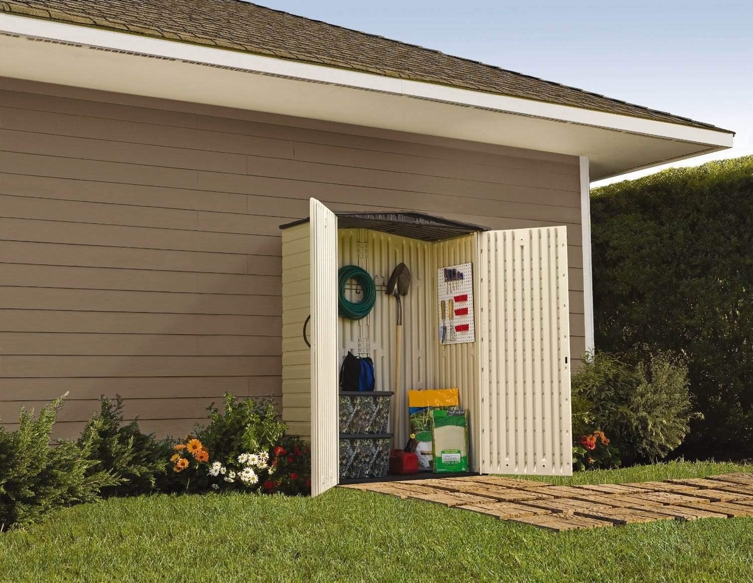 Rubbermaid Small Vertical Resin Outdoor Storage Shed With Floor (2.3 x 4.6 Ft), Weather Resistant, Beige/Brown