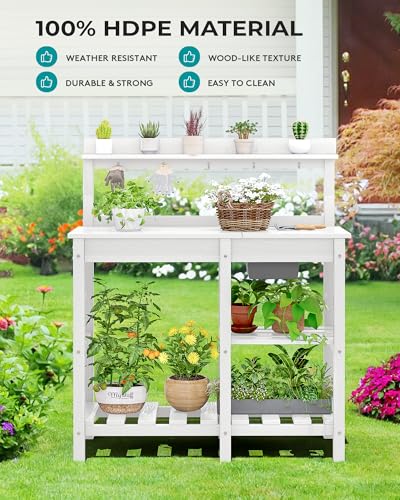 SERWALL Potting Bench Outdoor Potting Table with Sink, HDPE Potting Benches for Outside Gardening Table All Weather Use- Black