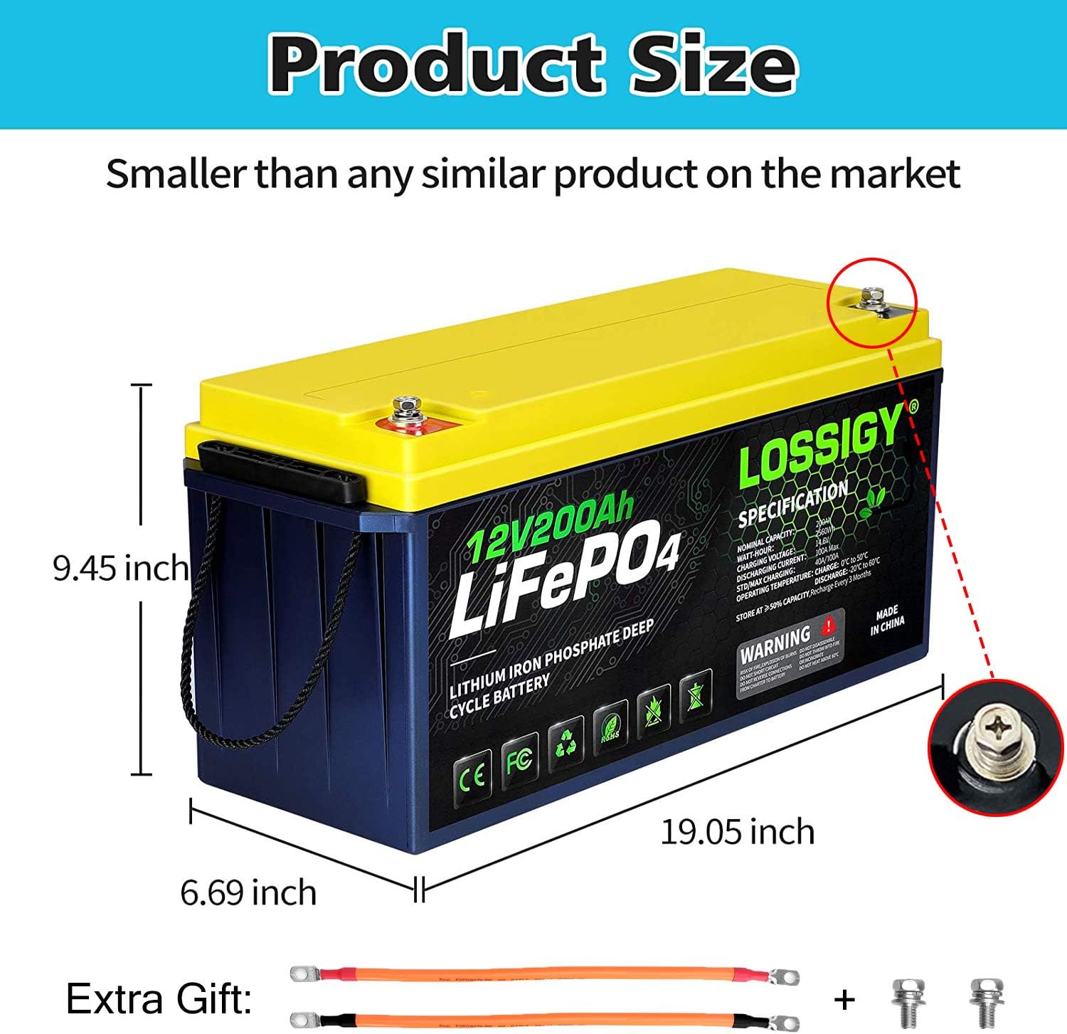 LOSSIGY LiFePO4 Battery 12V 200Ah Deep Cycle Lithium Ion Battery, Built-in 100A BMS, 4000+ Cycles, 280Amp Max, Perfectly replace all RV