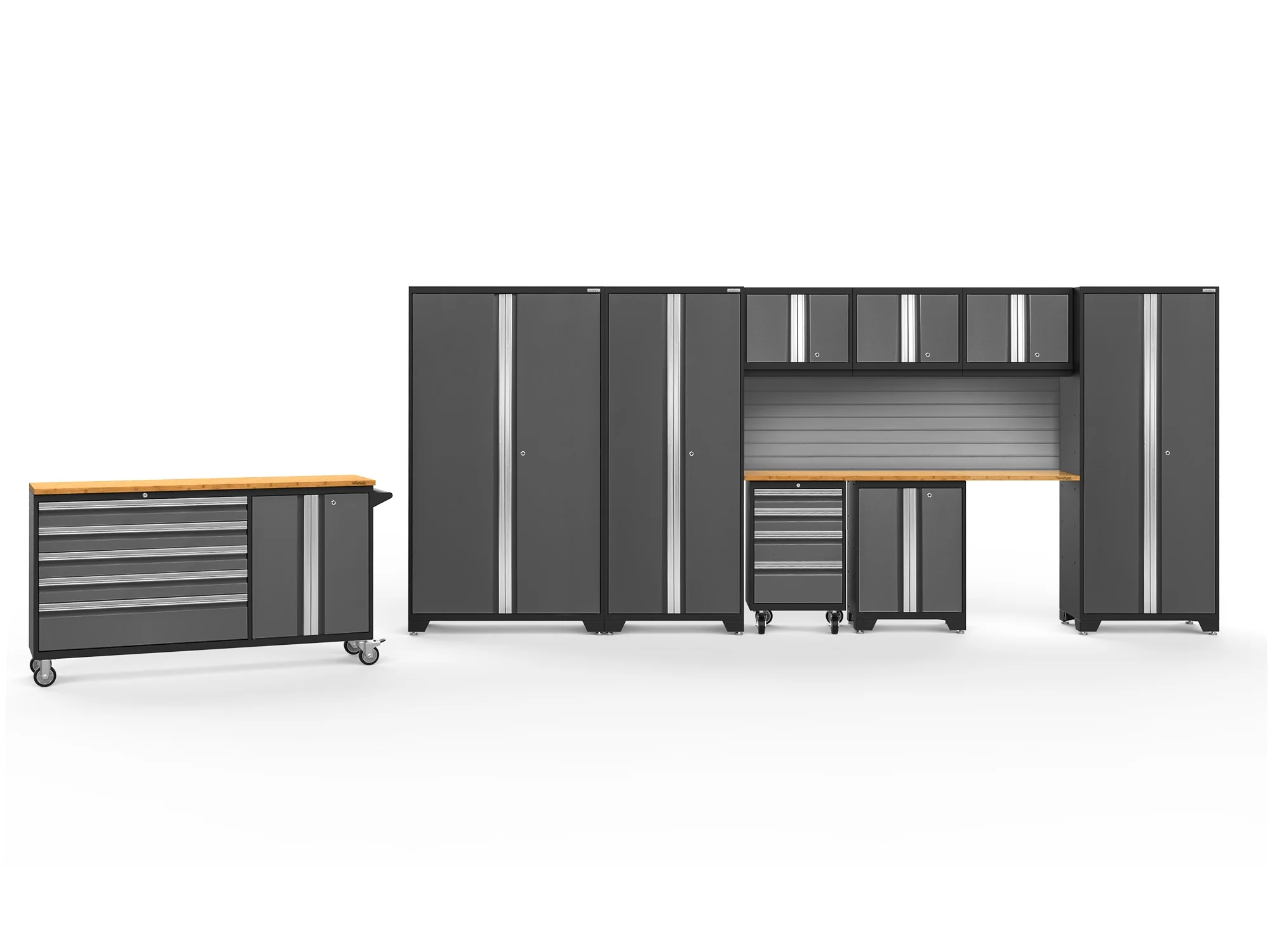 NewAge Products Bold Series Gray 10 Piece Cabinet Set, Heavy Duty 24-Gauge Steel Garage Storage System, Slatwall Included