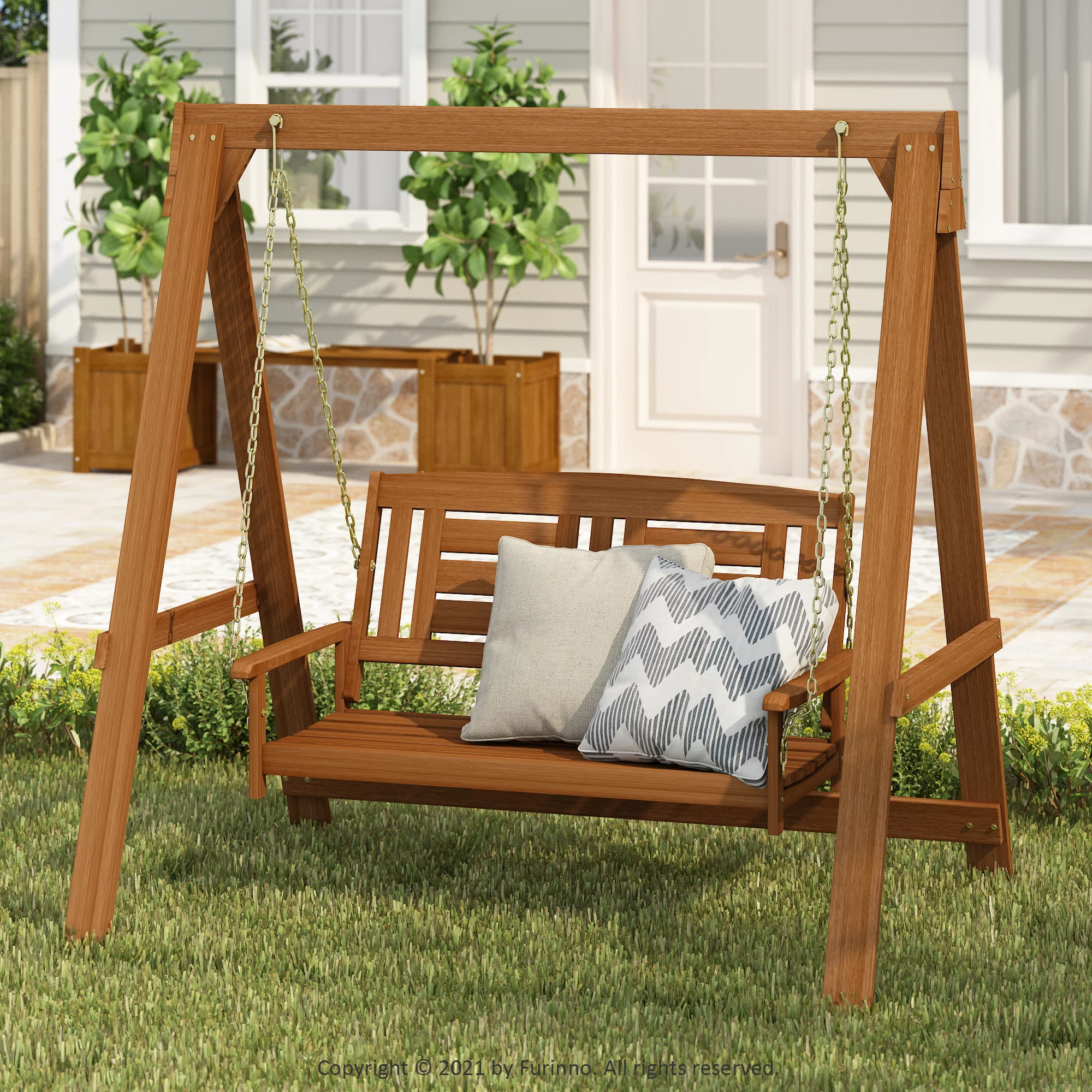 Furinno Tioman Hardwood Hanging Porch Swing with Stand, Seating Capacity 3