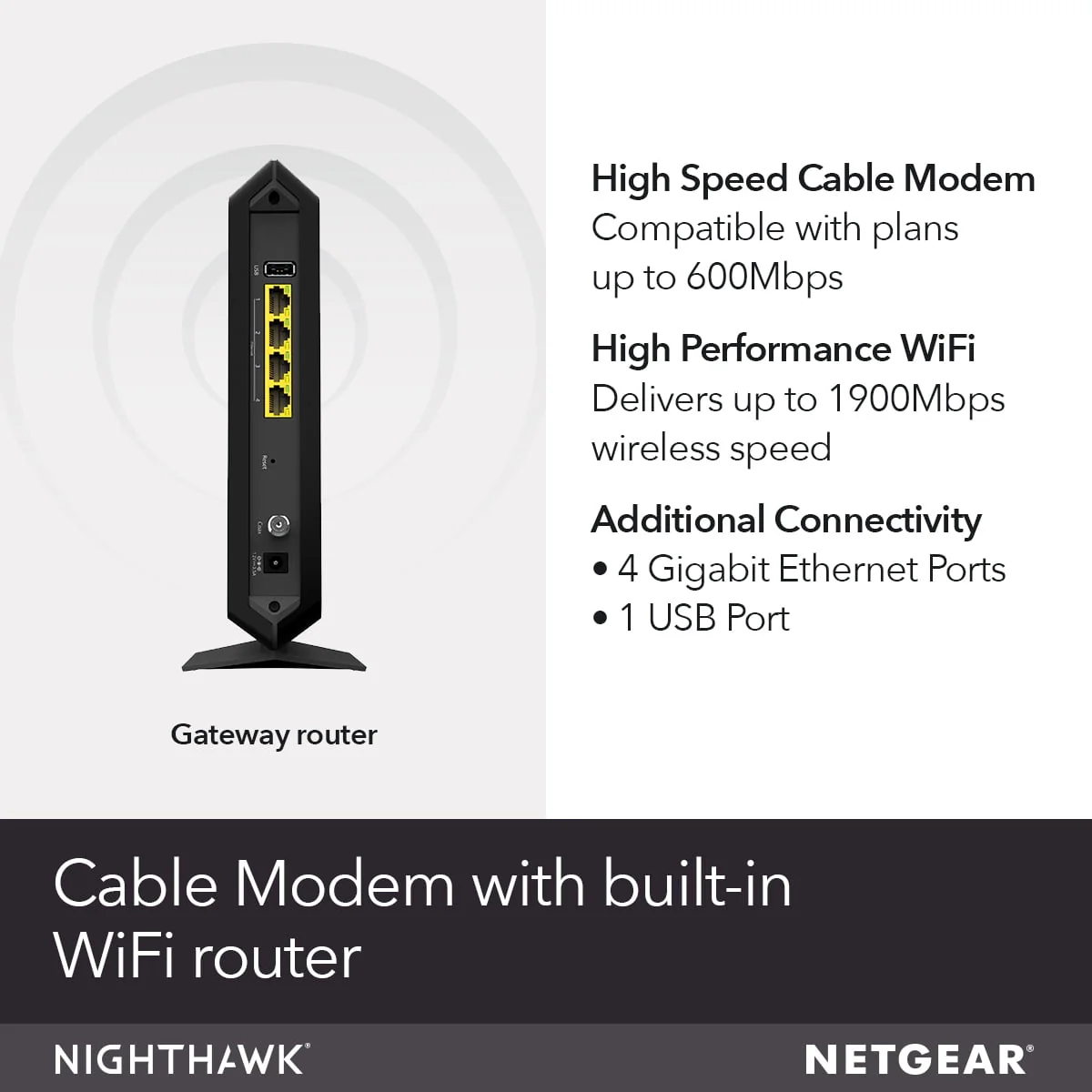 NETGEAR - Nighthawk AC1900 DOCSIS 3.0 Cable Modem + WiFi Router | Certified for Xfinity by Comcast, Spectrum, Cox & more, 1.9Gbps (C7000)