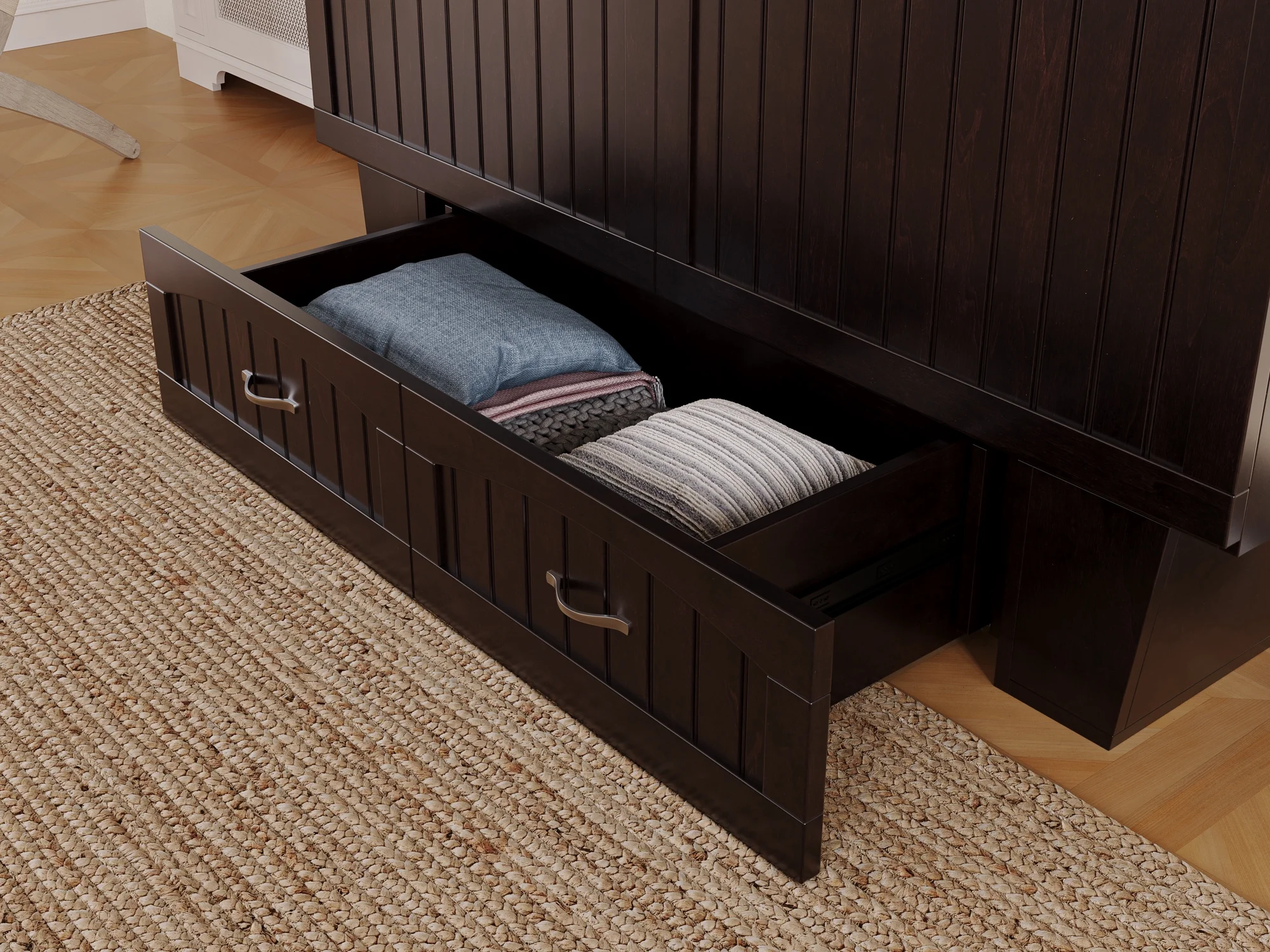 AFI Nantucket Queen Solid Wood Murphy Bed Chest with Mattress, Drawer & Charger in Espresso
