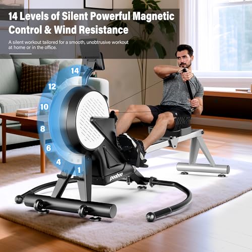 pooboo Rowing Machines for Home, Dual Wind & Magnetic Resistance, Foldable Row Machine 400 LB Weight Capacity