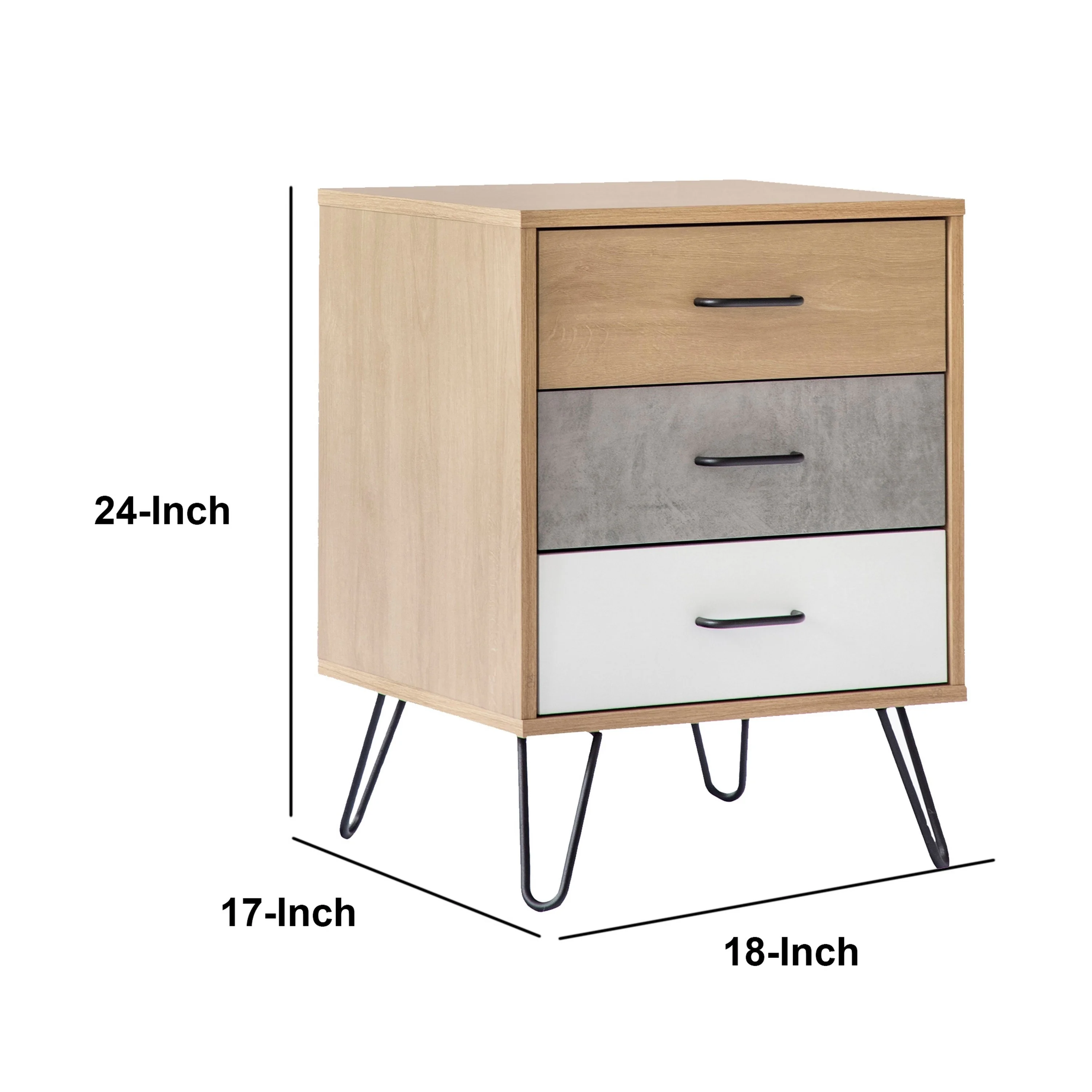 Harper 24 Inch Handcrafted Modern Tricolor Wood Nightstand, 3 Drawers, Metal Hairpin Legs, Oak, White, Gray